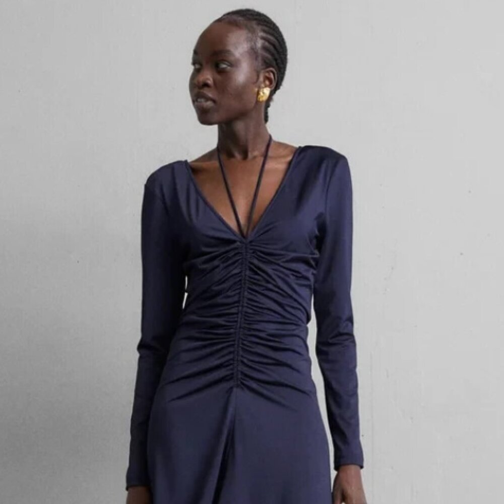 Veronica Beard Midnight Gilbert Ruched Halter-neck Midi dress, size 6